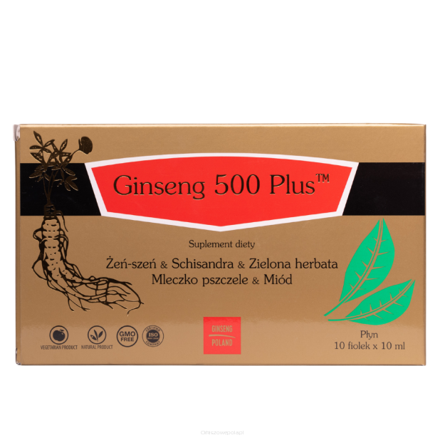 Ginseng 500 PLUS Żeńszeń + Schisandra + Zielona herbata + Mleczko pszczele + Miód 10x10ml (fiolki)